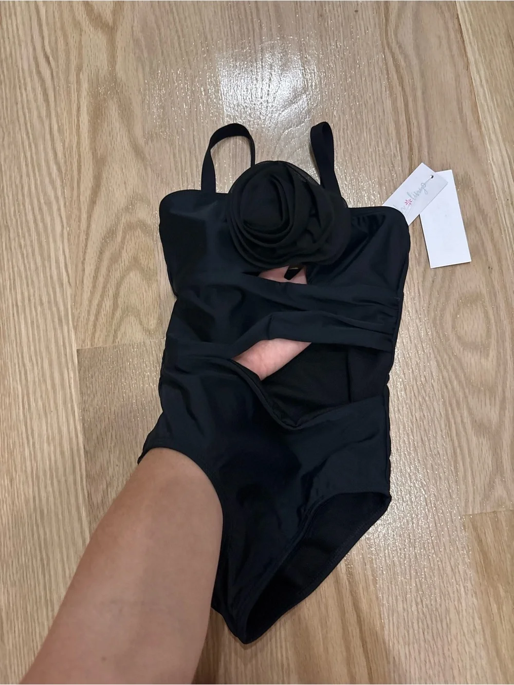 Girls Black One-Piece Swim Bodysuit with Rosette Accent